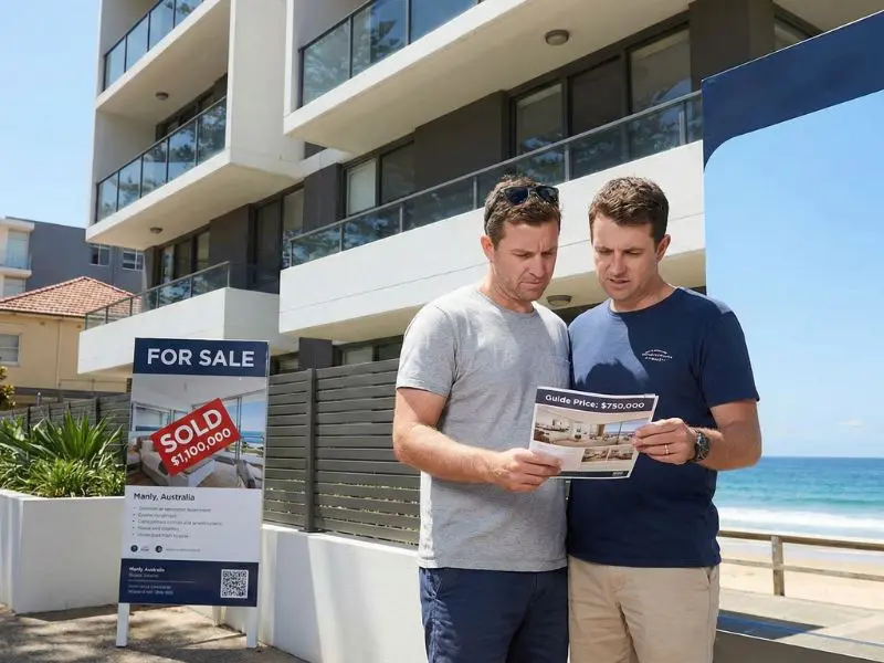 Image of property buyers who have been impacted by the practice of under-quoting standing outside a Manly apartment block