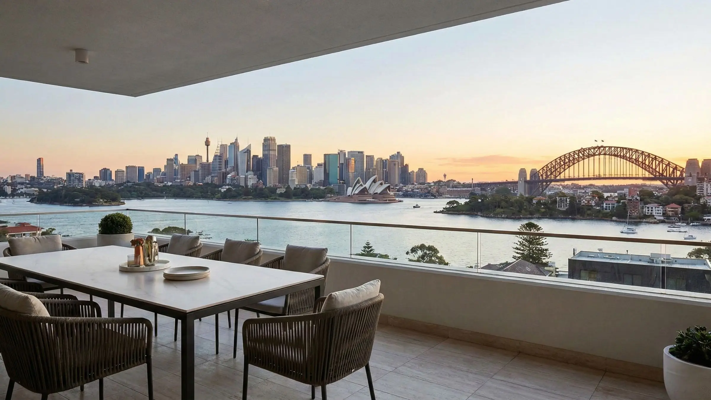 Luxury Mosman balcony with harbour bridge views, representing the premium lifestyle secured by Lower North Shore Buyers Agents