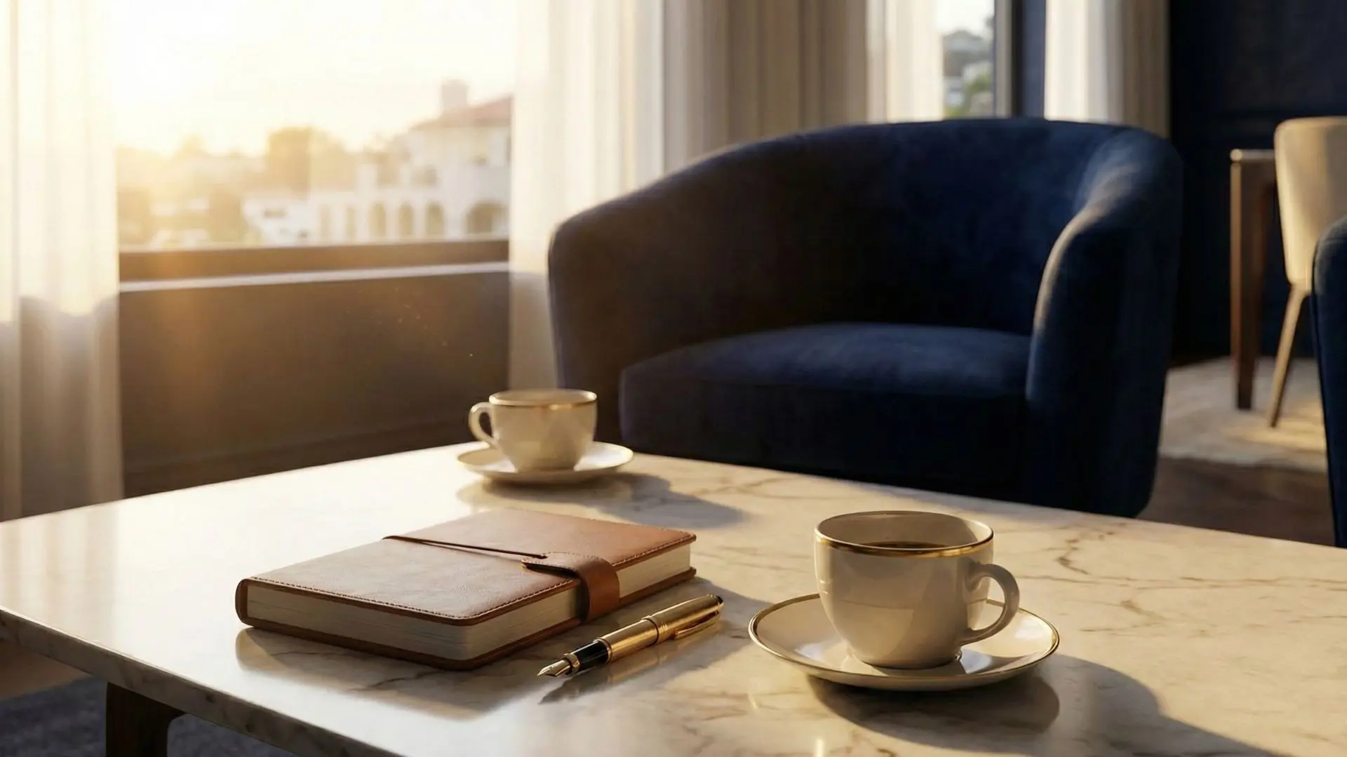 A luxurious private meeting space with navy armchairs and soft lighting, symbolising the confidential property consultation and strategic partnership offered by Sarah Kaye & Co