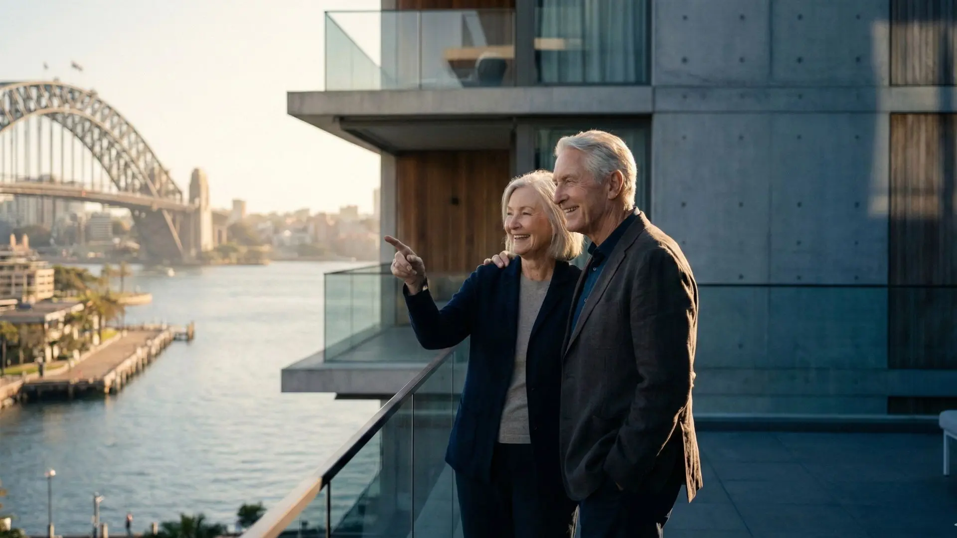 Retired couple enjoying harbour views after strategic right-sizing to a luxury apartment on the Lower North Shore