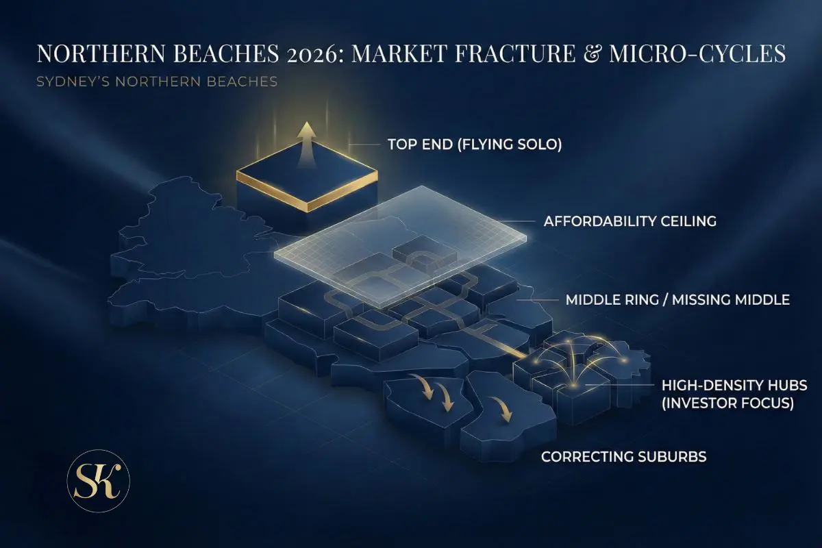 Strategic map of Sydney’s Northern Beaches property market in 2026 by Sarah Kaye & Co. Buyers Agent, illustrating micro-cycles, the top-end luxury market, and the affordability ceiling in the middle ring
