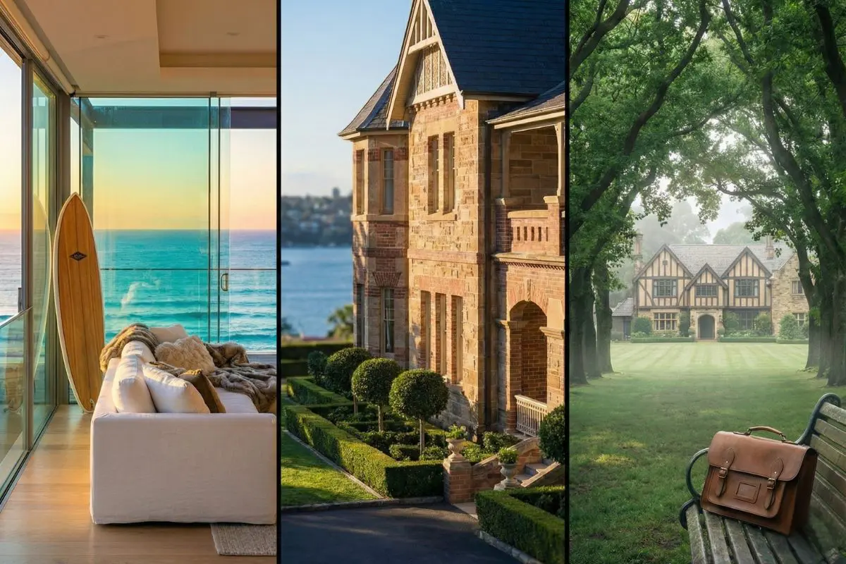 A triptych illustrating the distinct luxury property markets of Sydney's Northern Corridor: a modern coastal penthouse in Manly, a heritage sandstone manor in Mosman, and a leafy private estate in Wahroonga. Visualizing the strategic market coverage of Sarah Kaye & Co. Buyer's Agents across the North Shore and Northern Beaches