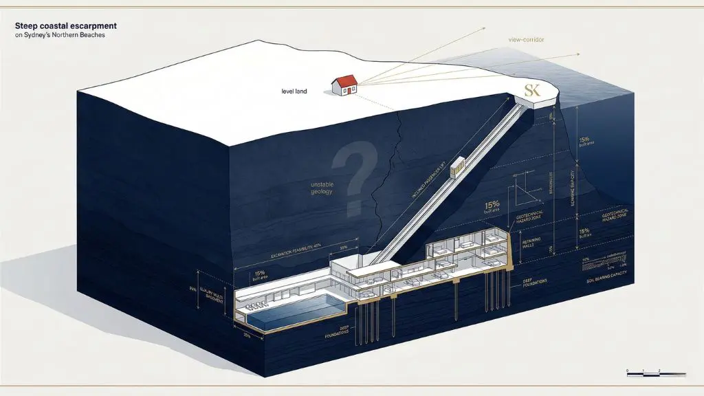A minimalist, architectural cross-section illustration of a steep coastal escarpment on Sydney's Northern Beaches, depicting a simple red-roofed cottage on the cliff edge contrasted with a complex, multi-level luxury basement development and deep foundations carved into dark, stratified rock below.