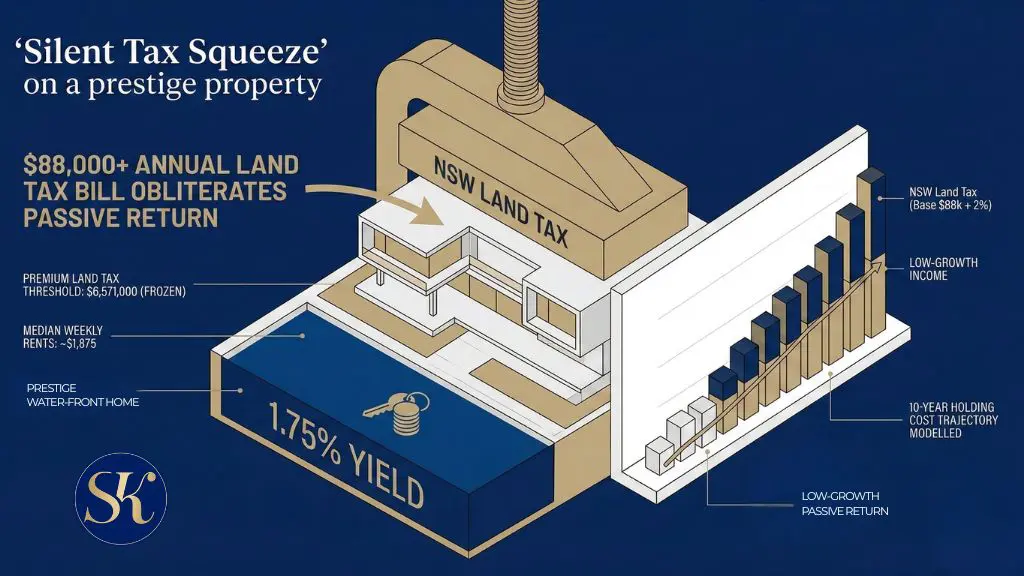 An isometric investment graphic by a Palm Beach strategic buyers agent illustrating the "Silent Tax Squeeze." A luxury modern home is shown under a heavy press labeled "NSW Land Tax ($88k+ Annual Bill)." Below, a blue base shows a low "1.75% Yield," and a 3D chart depicts rising holding costs surpassing rental income, highlighting the complex financial landscape a Northern Beaches strategic buyers agent must navigate