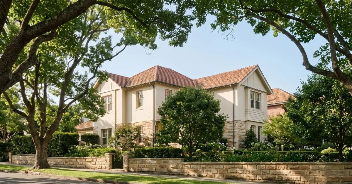 A large two-storey family home behind a sandstone wall on a tree-lined street in Mosman, representative of the suburb's prestige family-home market