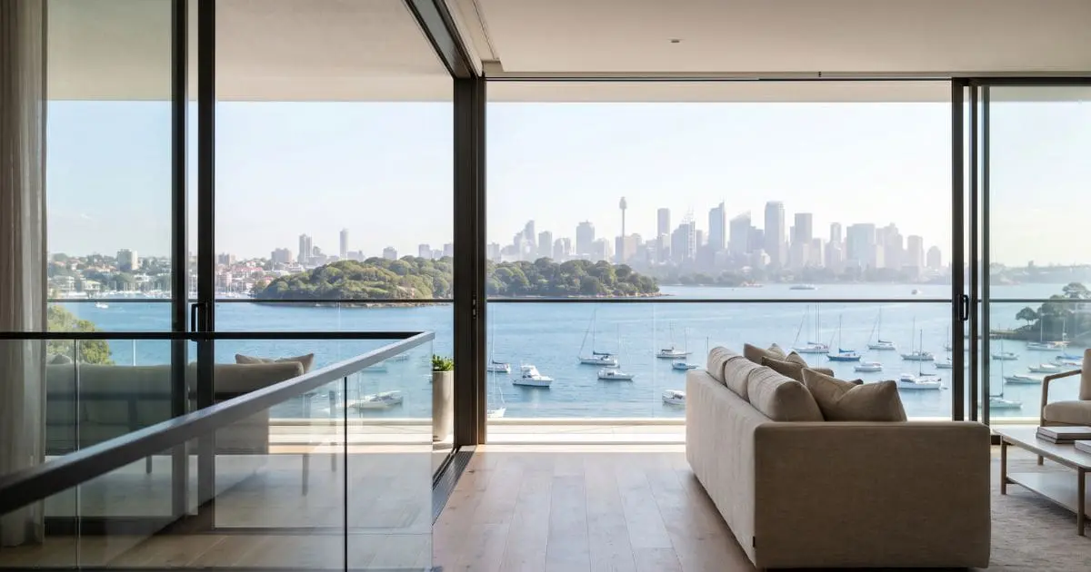 View over Sydney Harbour from inside a Lower North Shore apartment near Mosman, showing the harbour, yachts and distant city skyline through floor-to-ceiling glass