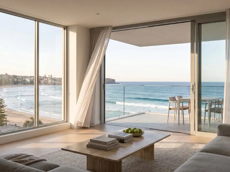 Contemporary beachfront apartment interior in Manly with floor-to-ceiling windows framing the Pacific Ocean