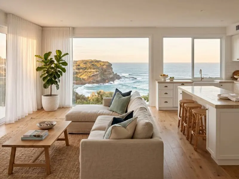 Northern Beaches family home interior with picture windows framing ocean views across a coastal headland