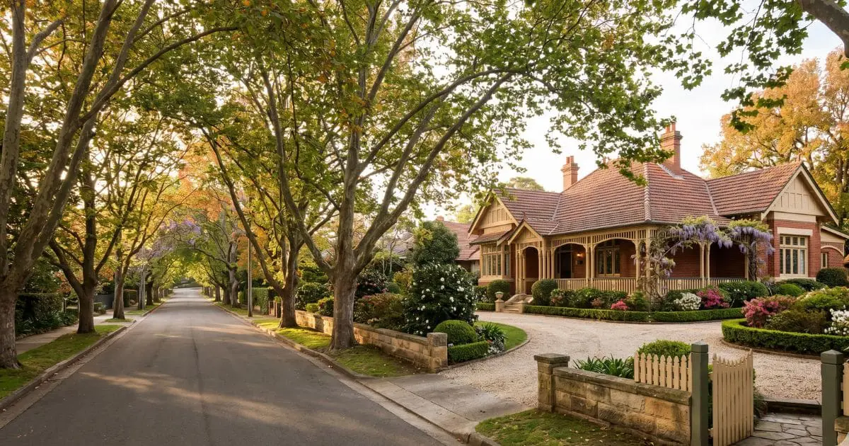 A tree-lined Wahroonga street with a large Federation-era family home set behind a mature garden — typical of the $3 million-plus stock that defines Wahroonga property prices in 2026
