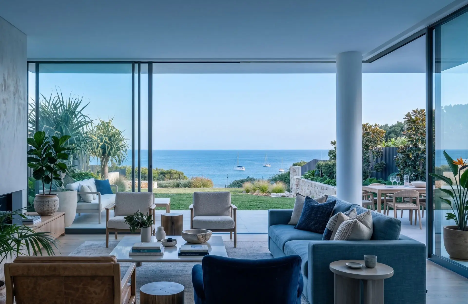 Living room opening onto a garden terrace and an ocean view with yachts moored offshore