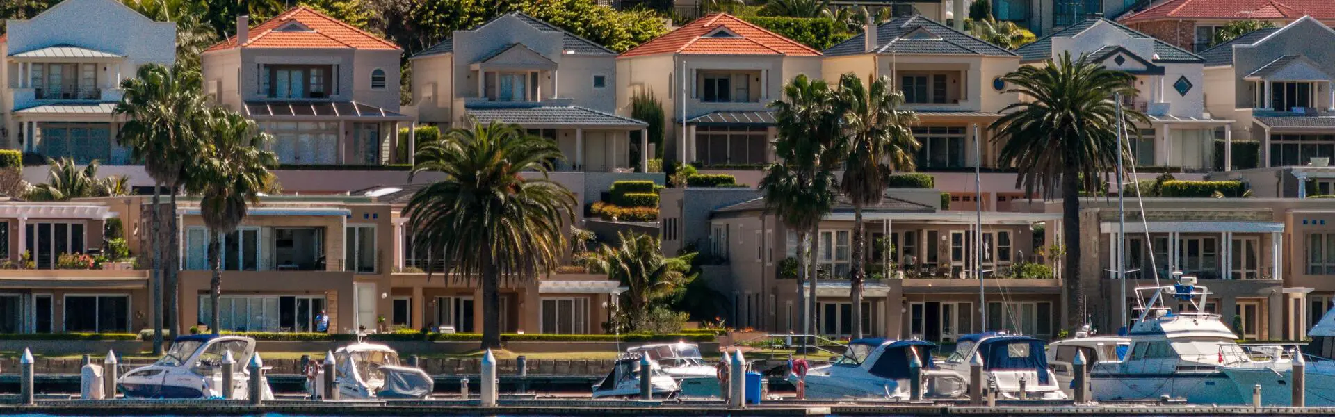 Waterfront homes, palm trees and moored boats on the river at Hunters Hill