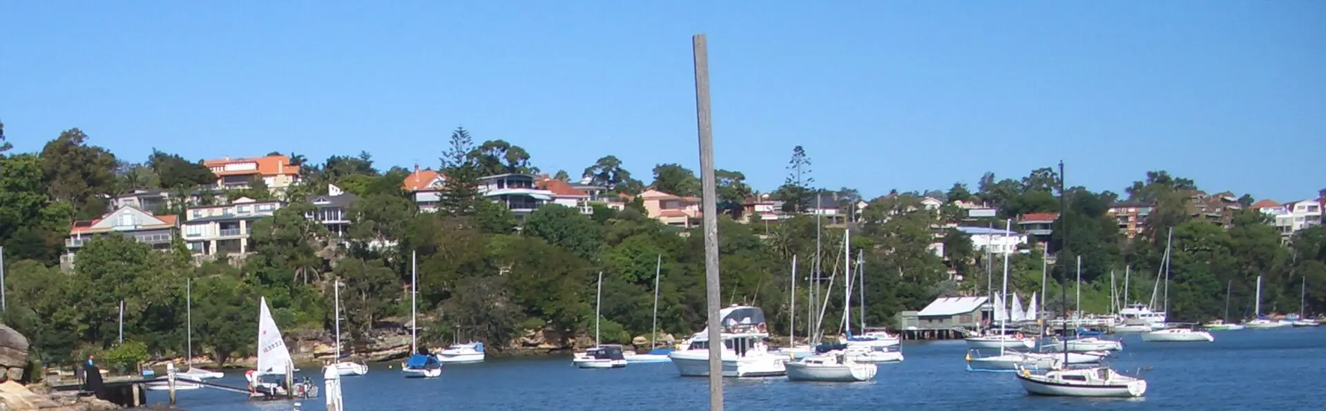 Boats moored on the Lane Cove River seen from Northwood ferry wharf, with houses among the trees on the far shore