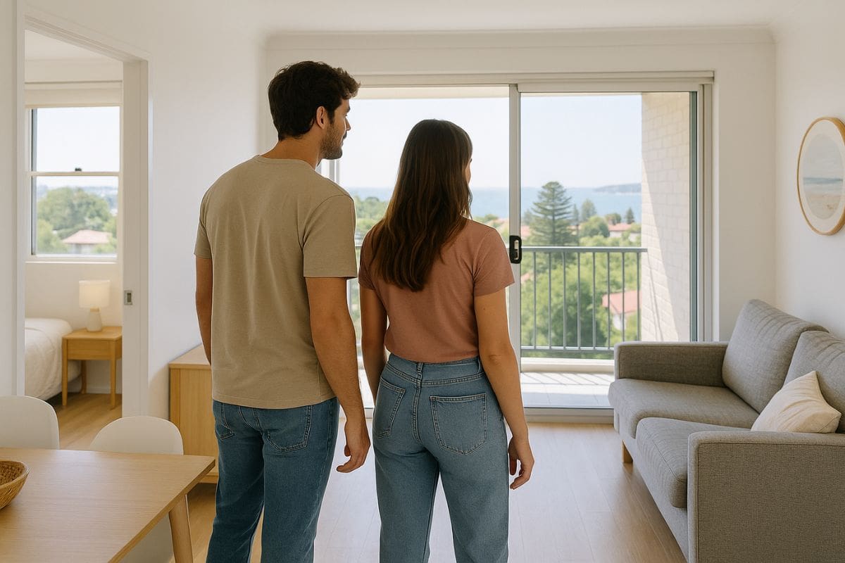 Young couple looking at a beachfront apartment with a Northern Beaches buyers Agent